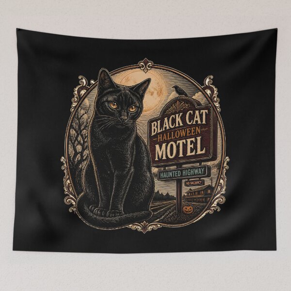 Item preview, BLACK CAT HALLOWEEN MOTEL Haunted Highway Halloween Gothic Engraving designed and sold by KristenosNehk.