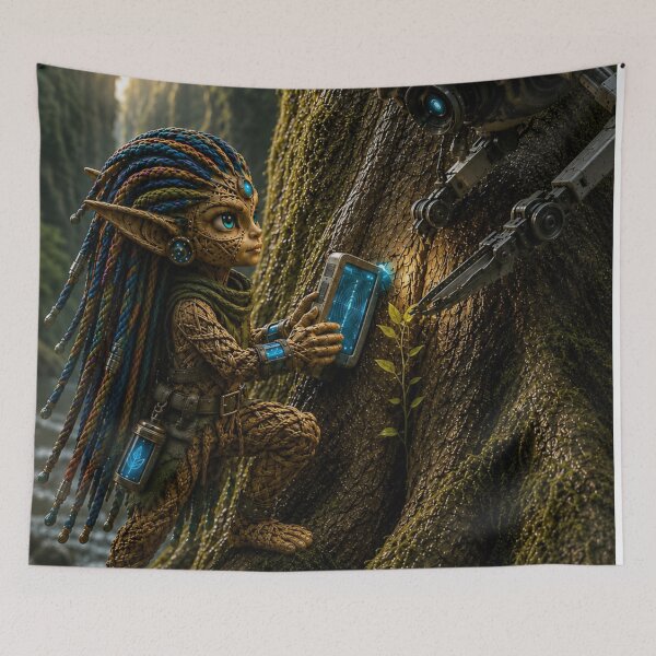 Item preview, Cyberpunk Elf Repairing an Ancient Tree designed and sold by JUTElCONIC.