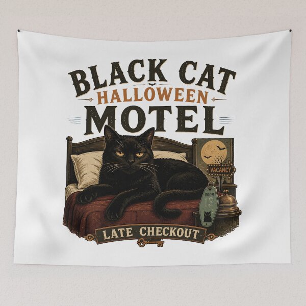 Item preview, BLACK CAT HALLOWEEN MOTEL Late Checkout Halloween Vintage Screen Print designed and sold by KristenosNehk.