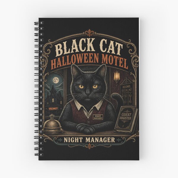 Item preview, BLACK CAT HALLOWEEN MOTEL Night Manager Halloween Gothic Engraving designed and sold by KristenosNehk.