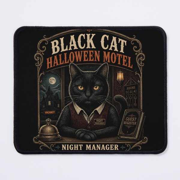 Item preview, BLACK CAT HALLOWEEN MOTEL Night Manager Halloween Gothic Engraving designed and sold by KristenosNehk.