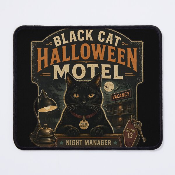 Item preview, BLACK CAT HALLOWEEN MOTEL Night Manager Halloween Vintage Screen Print designed and sold by KristenosNehk.