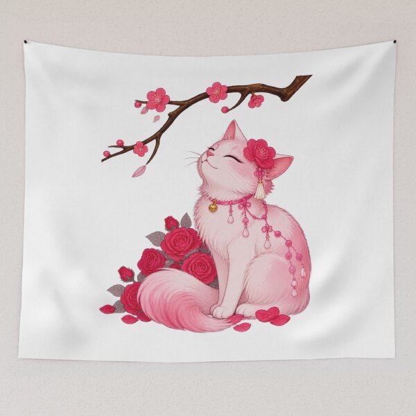 Item preview, Blossom Spirit Cat – Pink Floral Japanese Inspired Cat Art designed and sold by reezorrrr.