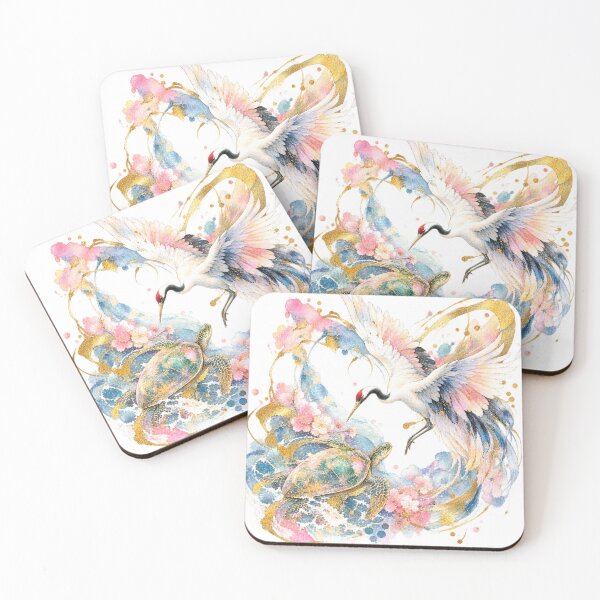 Item preview, Japanese Crane & Turtle – Lucky Symbols Watercolor Art | Kintsugi Gold, Sakura & Japanese Zen Aesthetic designed and sold by アミヤジャ.