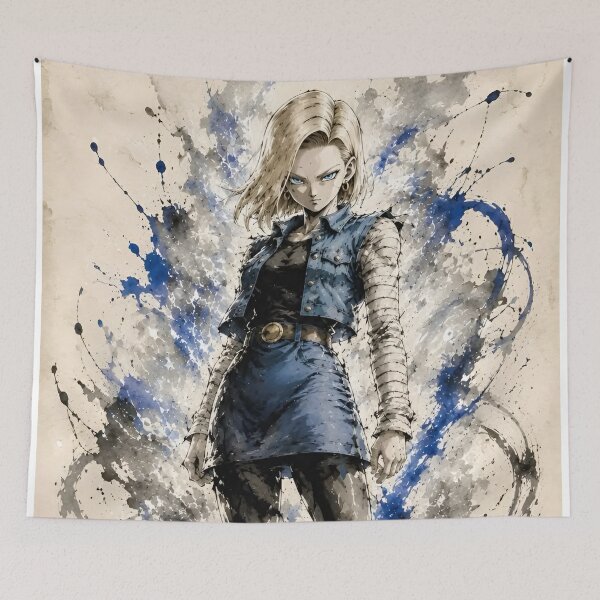 Item preview, Blonde Android Warrior Anime Ink Splash – Blue Street Fighter Art designed and sold by Dyan4.
