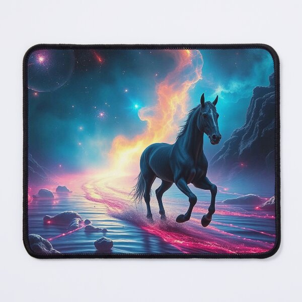 Item preview, Neon Cosmic Stallion – Dark Blue Horse in Galactic River Landscape designed and sold by MFMart.