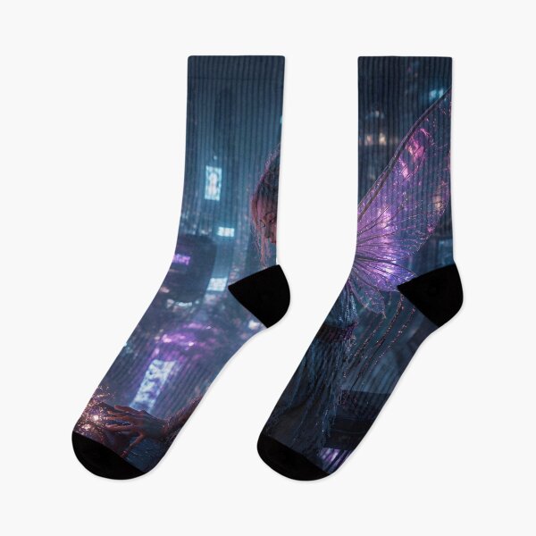 Item preview, Neon Fairy Above the Midnight City – Cyberpunk Fantasy designed and sold by DreamyWallVibes.