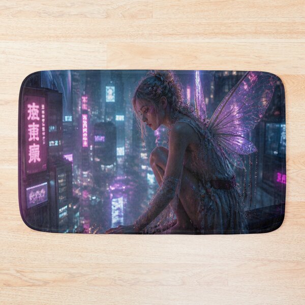 Item preview, Neon Fairy Above the Midnight City – Cyberpunk Fantasy designed and sold by DreamyWallVibes.