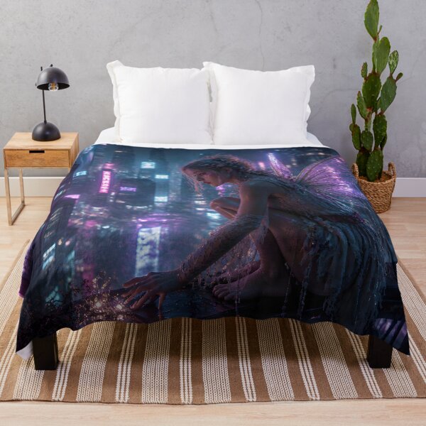 Item preview, Neon Fairy Above the Midnight City – Cyberpunk Fantasy designed and sold by DreamyWallVibes.