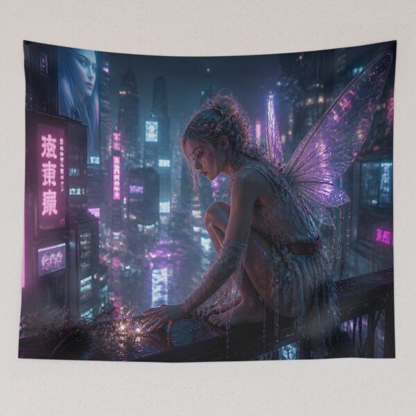 Item preview, Neon Fairy Above the Midnight City – Cyberpunk Fantasy designed and sold by DreamyWallVibes.
