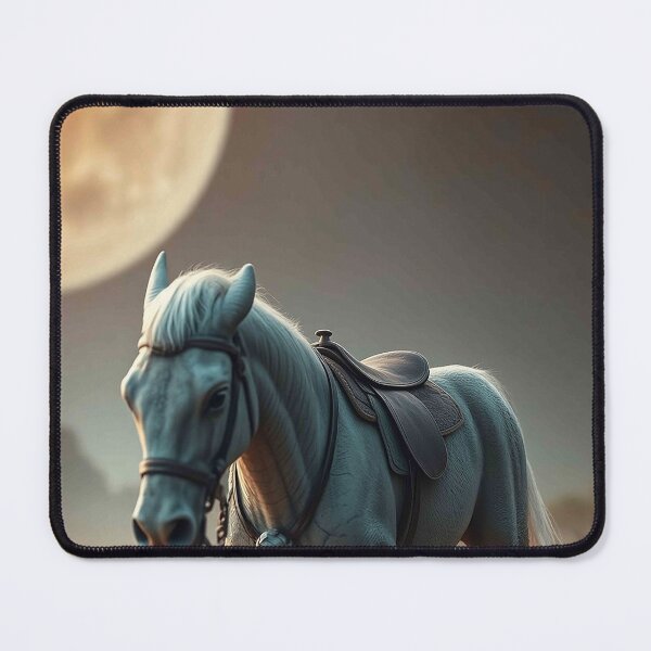 Item preview, Moonlit White Horse – Elegant Stallion with Dark Saddle Under Full Moon designed and sold by MFMart.