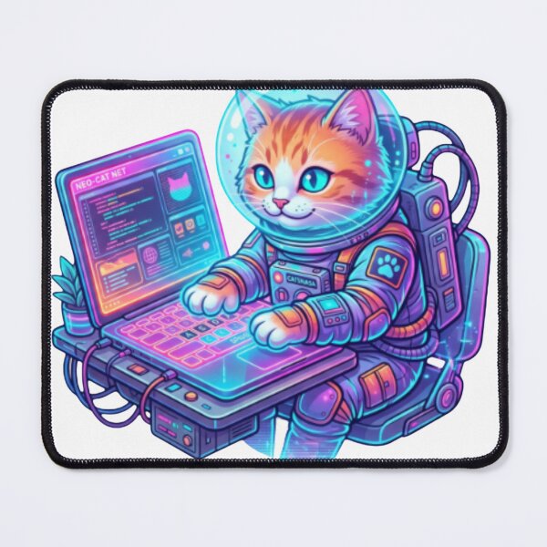 Item preview, A cute holographic futuristic astronaut cat typing on a neon glowing laptop... designed and sold by TechNexusPrints.