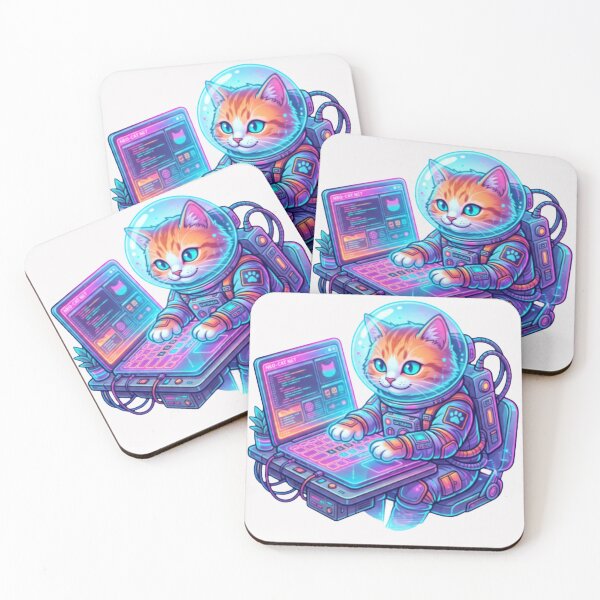Item preview, A cute holographic futuristic astronaut cat typing on a neon glowing laptop... designed and sold by TechNexusPrints.
