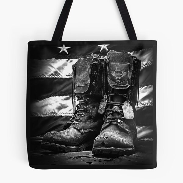 Item preview, Veteran Combat Boots with Dog Tags Patriotic Military Black and White Art designed and sold by inkoutninja.