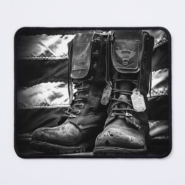 Item preview, Veteran Combat Boots with Dog Tags Patriotic Military Black and White Art designed and sold by inkoutninja.