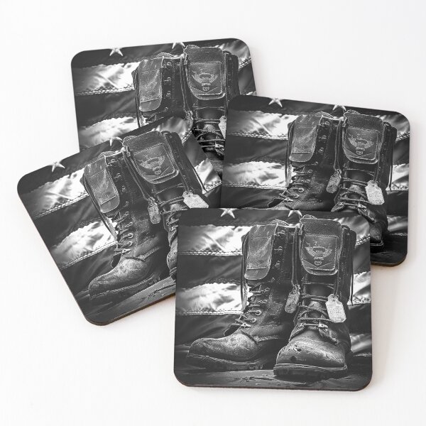 Item preview, Veteran Combat Boots with Dog Tags Patriotic Military Black and White Art designed and sold by inkoutninja.