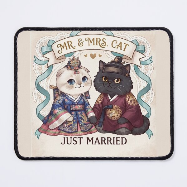 Item preview, Mr & Mrs Cat Just Married Traditional Korean Hanbok Wedding Cute Cats Gift Art Print designed and sold by PetalsPaws.