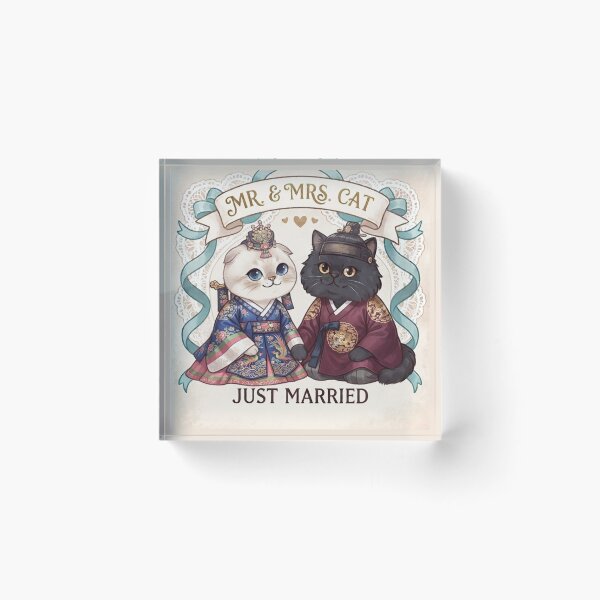 Item preview, Mr & Mrs Cat Just Married Traditional Korean Hanbok Wedding Cute Cats Gift Art Print designed and sold by PetalsPaws.