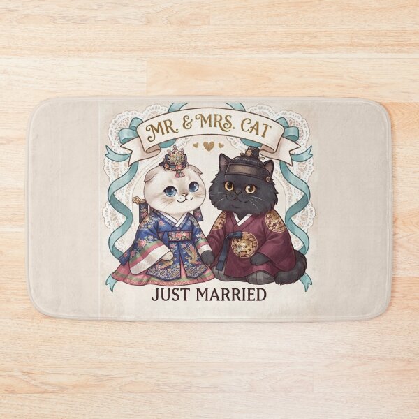 Item preview, Mr & Mrs Cat Just Married Traditional Korean Hanbok Wedding Cute Cats Gift Art Print designed and sold by PetalsPaws.