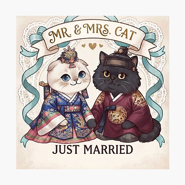 Item preview, Mr & Mrs Cat Just Married Traditional Korean Hanbok Wedding Cute Cats Gift Art Print designed and sold by PetalsPaws.