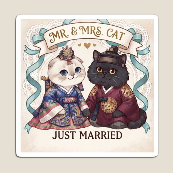 Item preview, Mr & Mrs Cat Just Married Traditional Korean Hanbok Wedding Cute Cats Gift Art Print designed and sold by PetalsPaws.