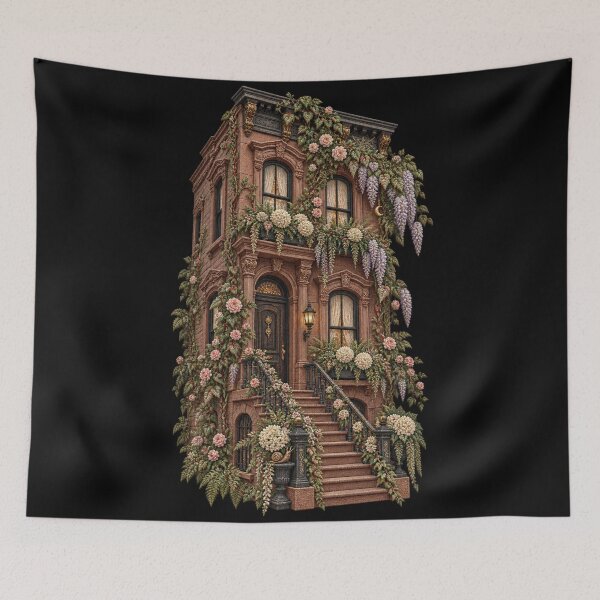Item preview, Botanical Brownstone Townhouse Embroidery – Elegant Floral Architecture Art designed and sold by Emoji Emblems.