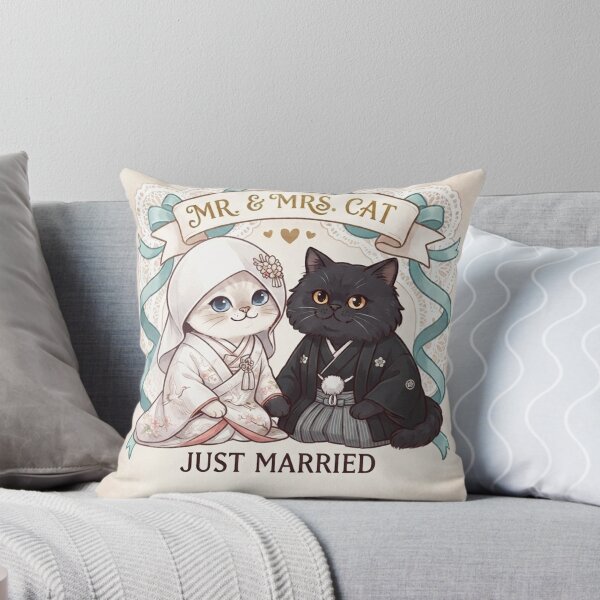Item preview, Mr & Mrs Cat Just Married Traditional Japanese Kimono Wedding Cute Cats Gift Art Print designed and sold by PetalsPaws.