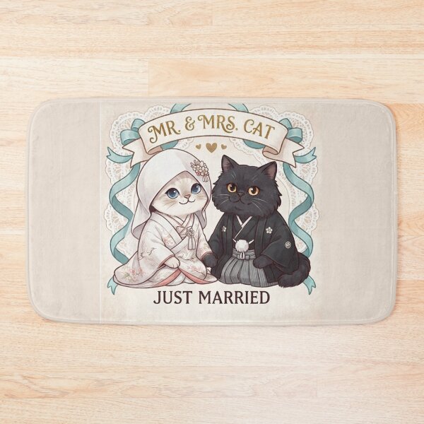 Item preview, Mr & Mrs Cat Just Married Traditional Japanese Kimono Wedding Cute Cats Gift Art Print designed and sold by PetalsPaws.