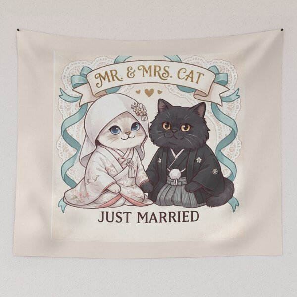 Item preview, Mr & Mrs Cat Just Married Traditional Japanese Kimono Wedding Cute Cats Gift Art Print designed and sold by PetalsPaws.