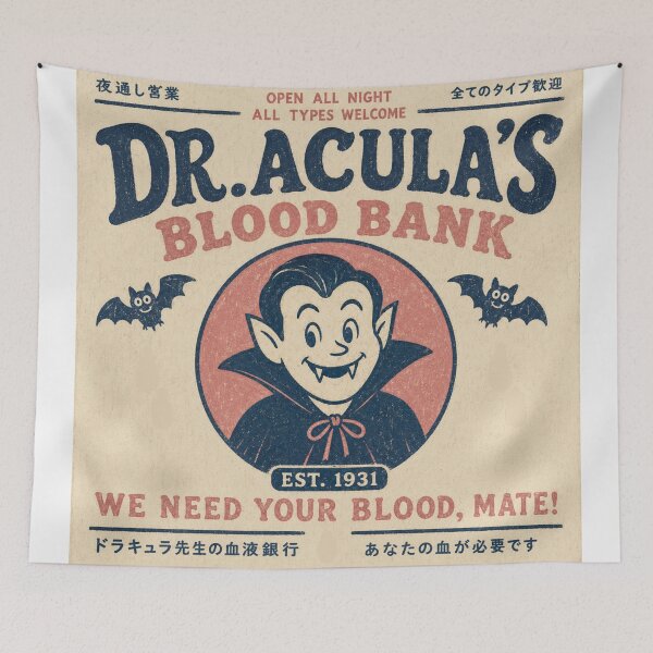 Item preview, Dr Acula's Blood Bank Retro Japanese Vampire Funny Halloween designed and sold by Yellowriversss.