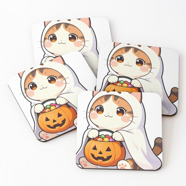 Item preview, Cute Calico Ghost Kitten with Pumpkin Candy Bucket designed and sold by pumsquare.