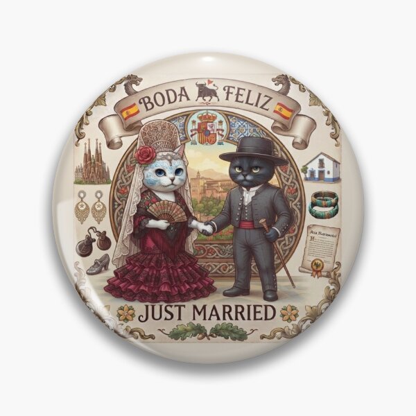 Item preview, Spanish Cats Wedding "Boda Feliz" Just Married Vintage Retro Design designed and sold by PetalsPaws.