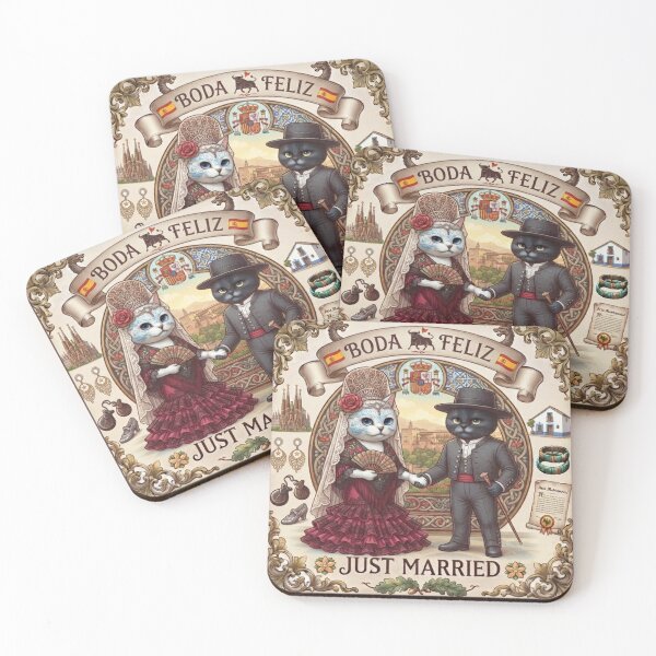 Item preview, Spanish Cats Wedding "Boda Feliz" Just Married Vintage Retro Design designed and sold by PetalsPaws.