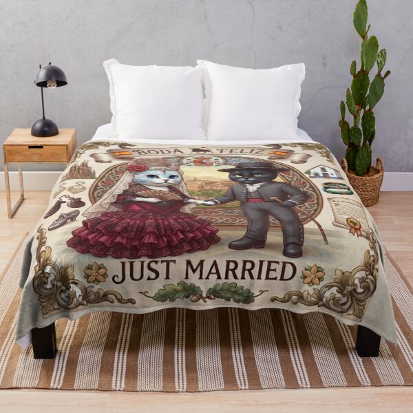 Item preview, Spanish Cats Wedding "Boda Feliz" Just Married Vintage Retro Design designed and sold by PetalsPaws.