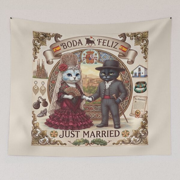 Item preview, Spanish Cats Wedding "Boda Feliz" Just Married Vintage Retro Design designed and sold by PetalsPaws.