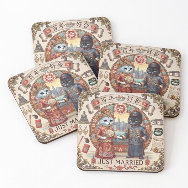 Item preview, Hong Kong Traditional Chinese Wedding Cats Just Married Bai Nian Hao He Gift Art Print designed and sold by PetalsPaws.