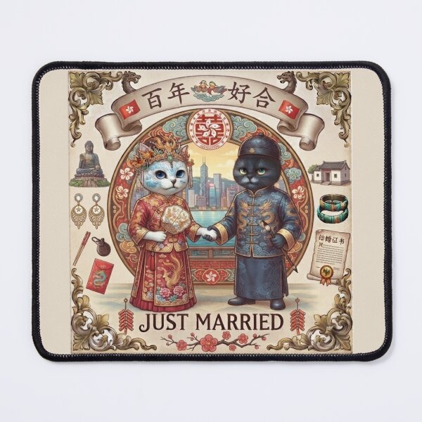 Item preview, Hong Kong Traditional Chinese Wedding Cats Just Married Bai Nian Hao He Gift Art Print designed and sold by PetalsPaws.