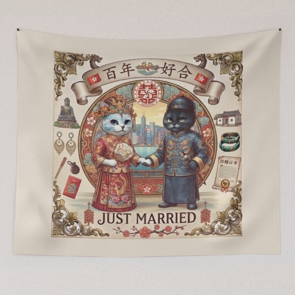 Item preview, Hong Kong Traditional Chinese Wedding Cats Just Married Bai Nian Hao He Gift Art Print designed and sold by PetalsPaws.