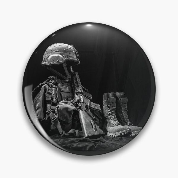 Item preview, Military Gear Memorial Combat Helmet Boots and Rifle Black and White Art designed and sold by inkoutninja.
