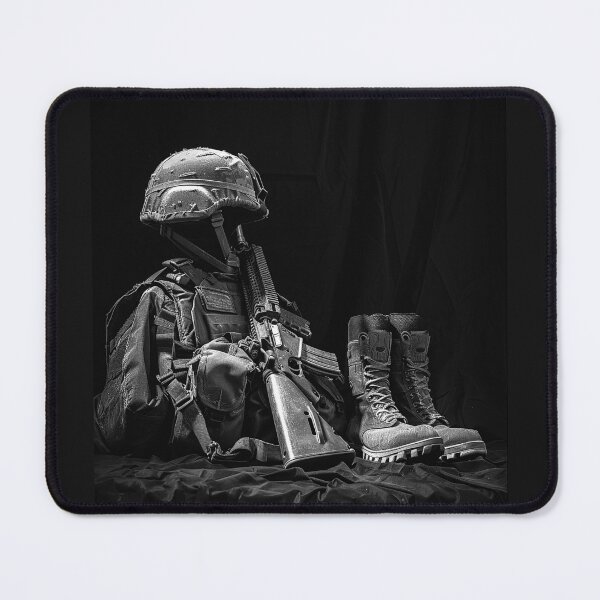 Item preview, Military Gear Memorial Combat Helmet Boots and Rifle Black and White Art designed and sold by inkoutninja.