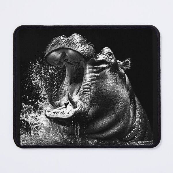 Item preview, Roaring Hippo in Water Dramatic Black and White Wildlife Art Design designed and sold by inkoutninja.