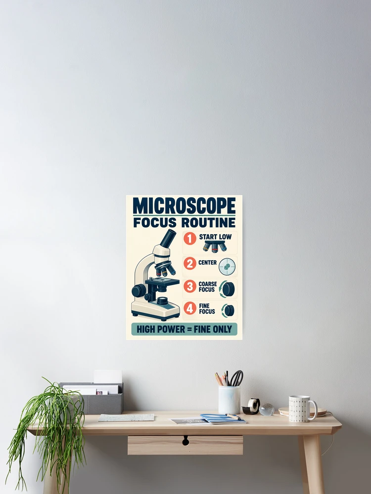 Thumbnail 2 of 3, Poster, Microscope Focus Routine Poster – Biology Lab & Science Classroom Guide designed and sold by astersgraphics.