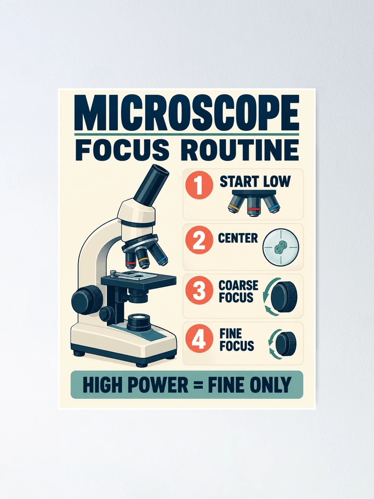 Thumbnail 1 of 3, Poster, Microscope Focus Routine Poster – Biology Lab & Science Classroom Guide designed and sold by astersgraphics.