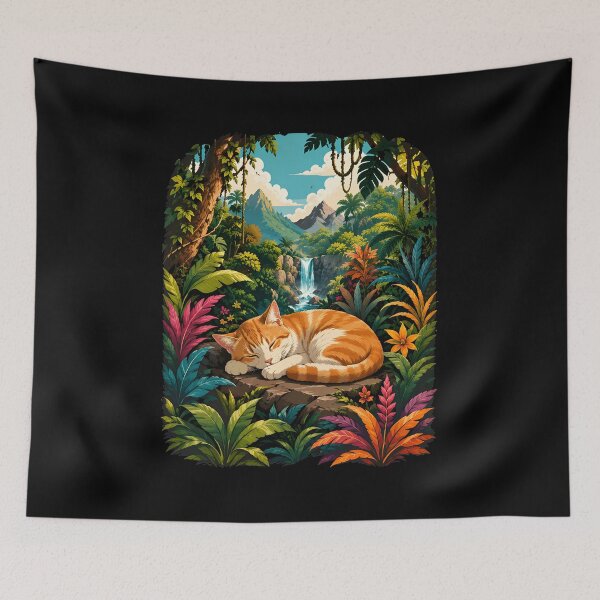 Item preview, Sleeping Cat Jungle Waterfall Dreamscape Art designed and sold by SoyLamderma.