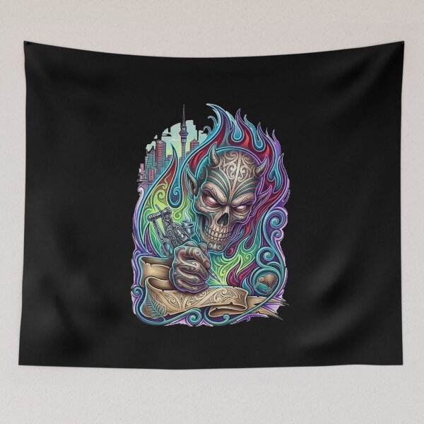 Item preview, Colorful Skull with Tattoo Gun designed and sold by kiwiartyfarty.