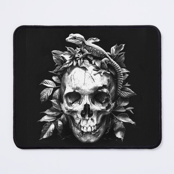Item preview, Gecko on Human Skull with Leaves Gothic Reptile Black and White Art designed and sold by inkoutninja.
