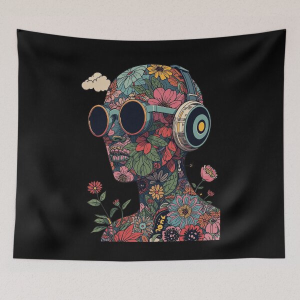 Item preview, Floral Headphones Dream: Retro Psychedelic Music Art designed and sold by  Mythical Entanglement.