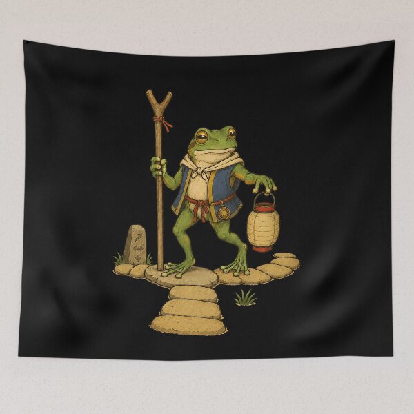 Item preview, Frog Traveler Walking With Staff And Lantern On A Stone designed and sold by JanetWilli.