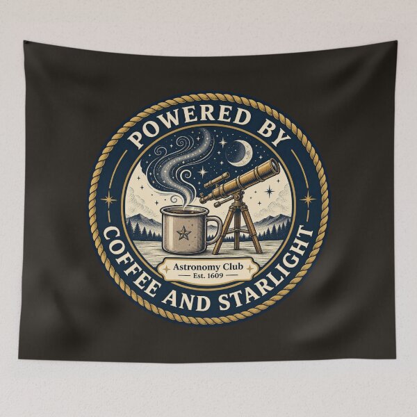Item preview, Powered By Coffee and Starlight Astronomy Club Badge designed and sold by CalmCapy Co.