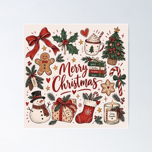 Item preview, Retro Christmas, Doodle Collage Christmas Tree, Hot Chocolate, Coquette Bow and Santa, Distressed Grunge Candy Cane and Gingerbread designed and sold by Quiajia.